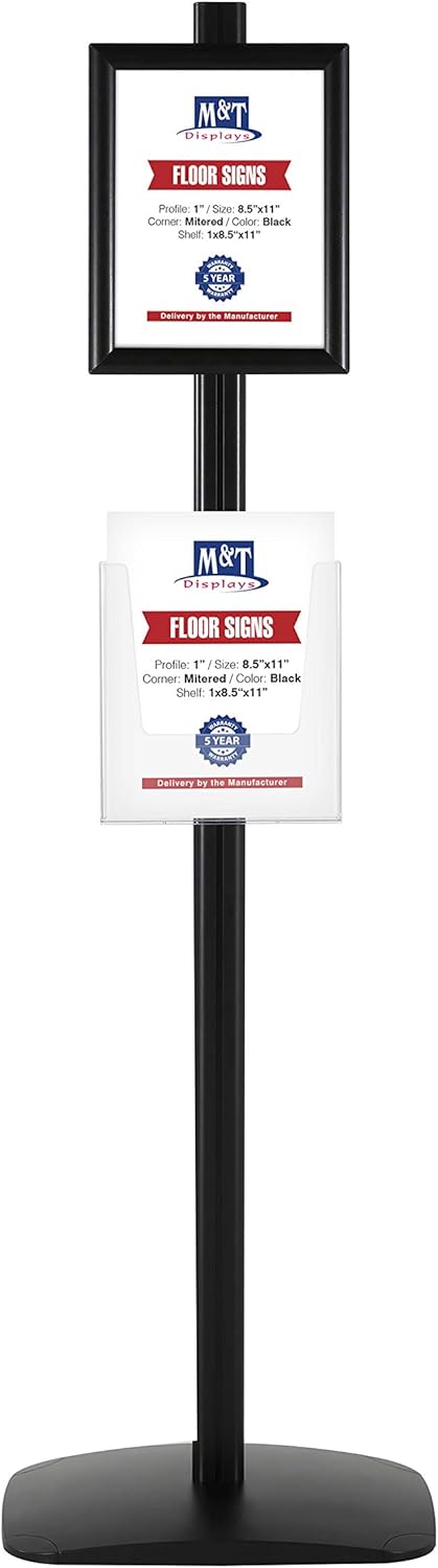 M&T Displays Free Standing Aluminum Display Stand Double Sided Document Brochure Sign Holder Front Loading Portrait Landscape Black Snap Frame 1x(8.5x11) and Clear Acrylic Pocket 1x(8.5x11) Inch