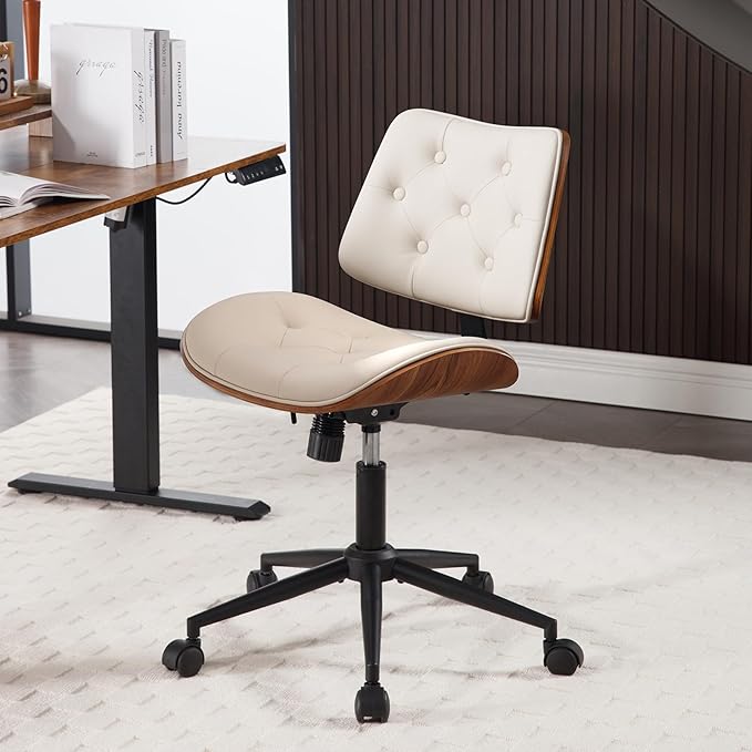 Armless Home Office Chair with Wheels, PU Leather Adjustable Height Computer Desk Chair, 360 Swivel Small No Arms Chair, Modern Button Walnut Style for Office, Reading Meeting Room(Beige)