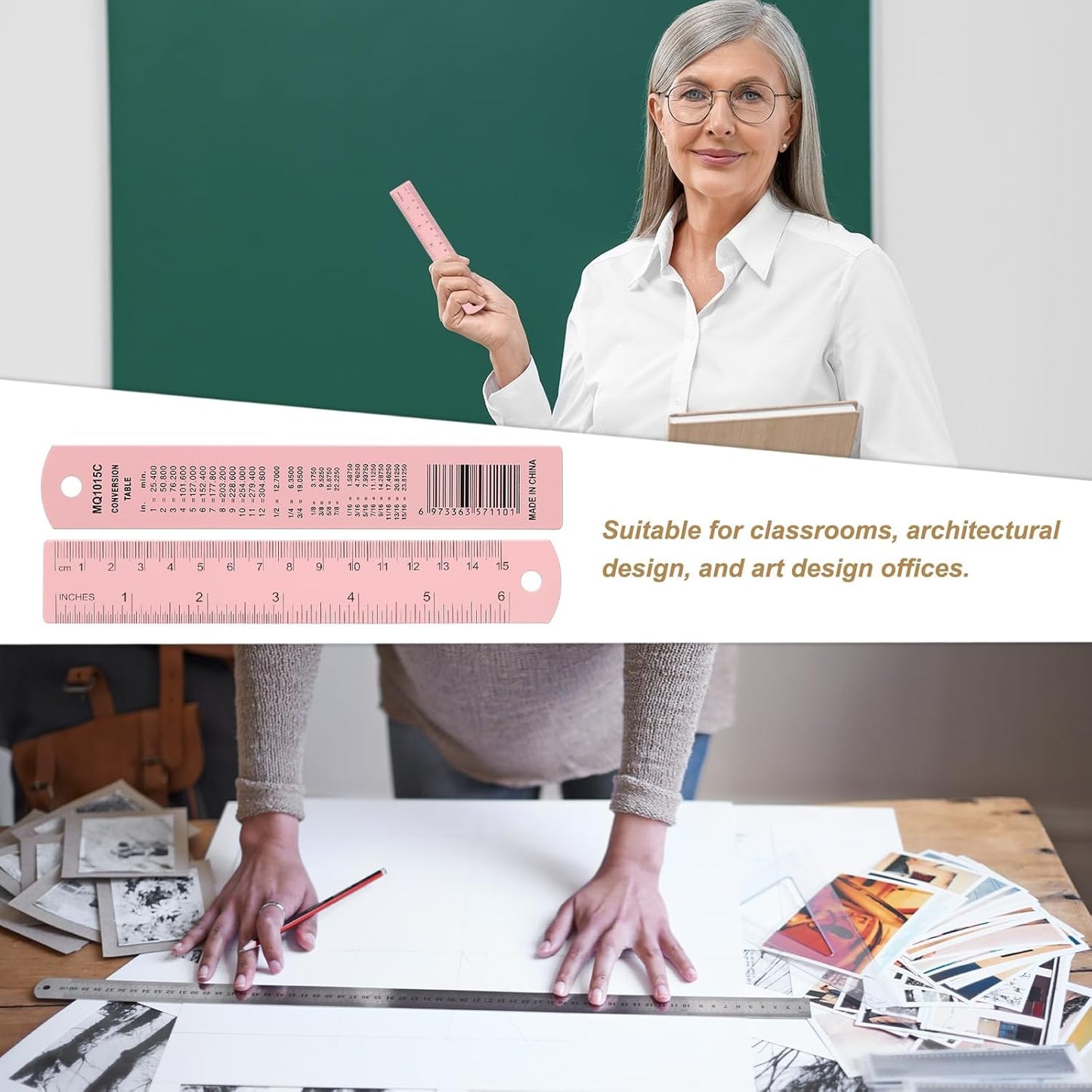 HARFINGTON 6pcs Metal Straight Ruler 15cm Metric SAE Aluminum Alloy Measuring Rulers Scale Tool with Hole for Measure Study Reading Classroom Office, Pink