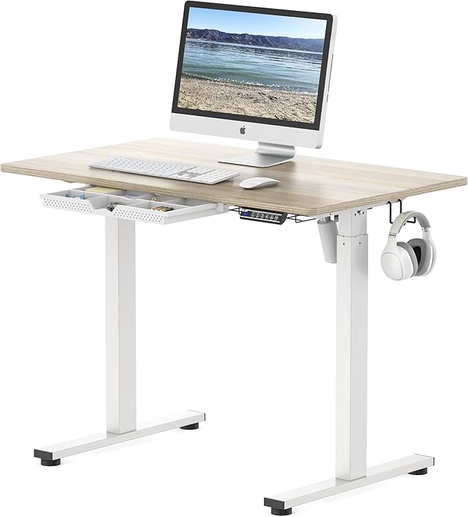 SHW 40-Inch Electric Height Adjustable Standing Desk with Drawer, Memory Preset and Cable Management Tray, Maple