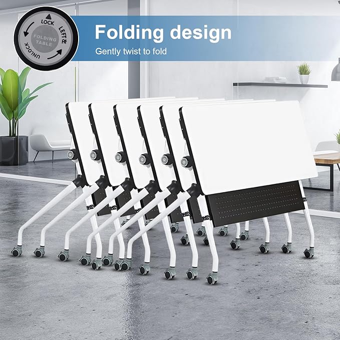 Conference Table, Folding Conference Room Tables, Mobile Training Tables with Silent Wheels, Large Rectangular Modular Seminar Table Office Computer Desks for Classroom White (8Pack L55.1in)