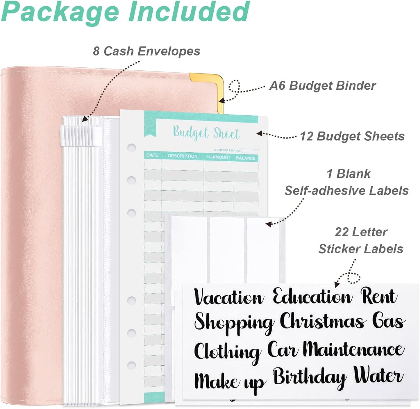 Rnivvi Budget Binder with Zipper Envelopes, A6 Money Saving Binder Cash Envelopes for Budgeting, PU Leather Planner Money Organizer for Cash Stuffing Planning, Cute System Wallet for Women Men, Pink