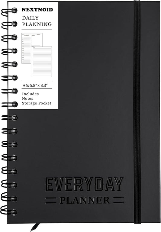 Undated Daily Planner Notebook With Hourly Schedule - Hardcover Appointment Day to do List Notebook for Women & Men - A5(5.7" x 8.3") Spiral Black