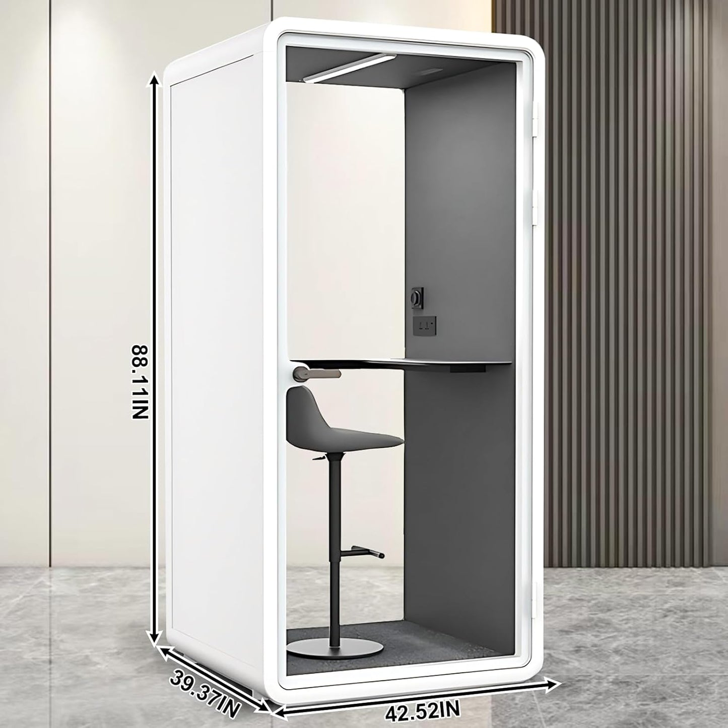 Office Sound Booth with Audio Privacy - Portable Soundproof Booth Includes White Frame with Curved Corners,Soundproof Room with Light,Fans, Magnetic Door Lock&Table for Study (42.52IN)