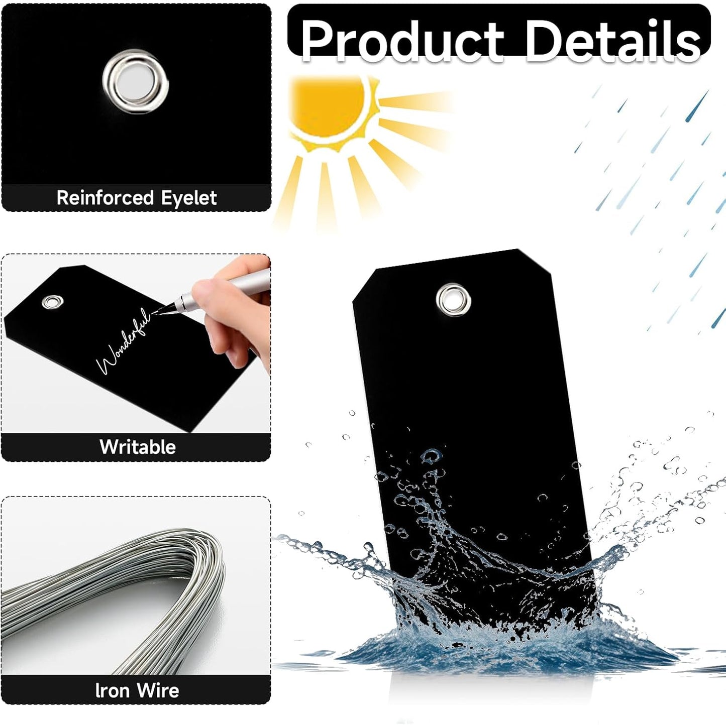 1000 Pieces Plastic Shipping Tags with Wire Labeling Tags Waterproof Hang Tags with Reinforcement Hole Writable Luggage tag Loops for Equipment Inventory Parts Garage (Black, 4 3/4" x 2 3/8")