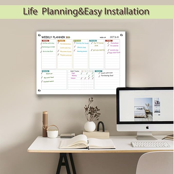 Glass Colorful Weekly Dry Erase Board for Wall,Weekly Planner Whiteboard for Wall 24"x18",Frameless Mounting,Medium Weekly Wall Calendar Dry Erase for Office/School/Home