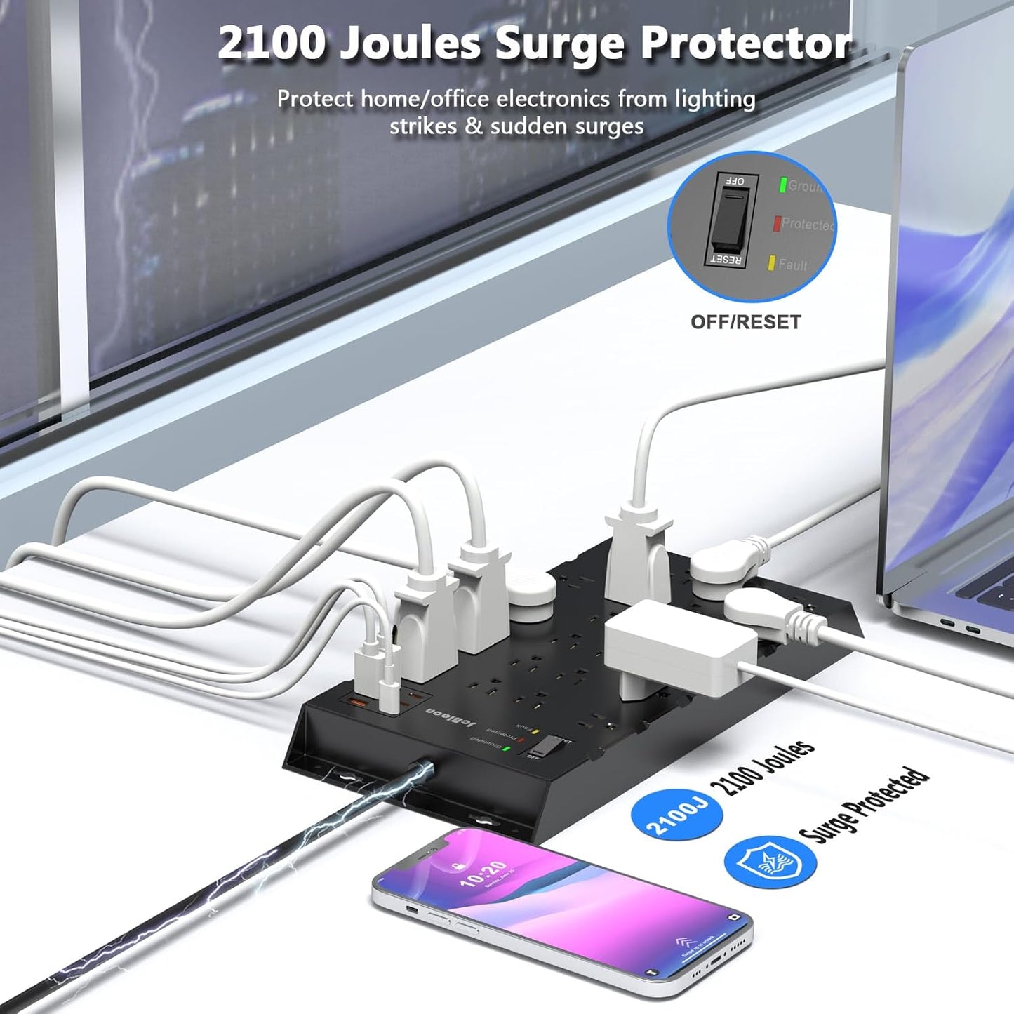 22 Outlets & 6 USB Big Power Strip, Jcblaon Surge Protector with 3USB C & 3USB A Charging Ports, 6.5ft Flat Plug Heavy Duty Extension Cord(1875W/15A)，2100J, 14AWG,Wall Mountable for Garden,Shed, Black