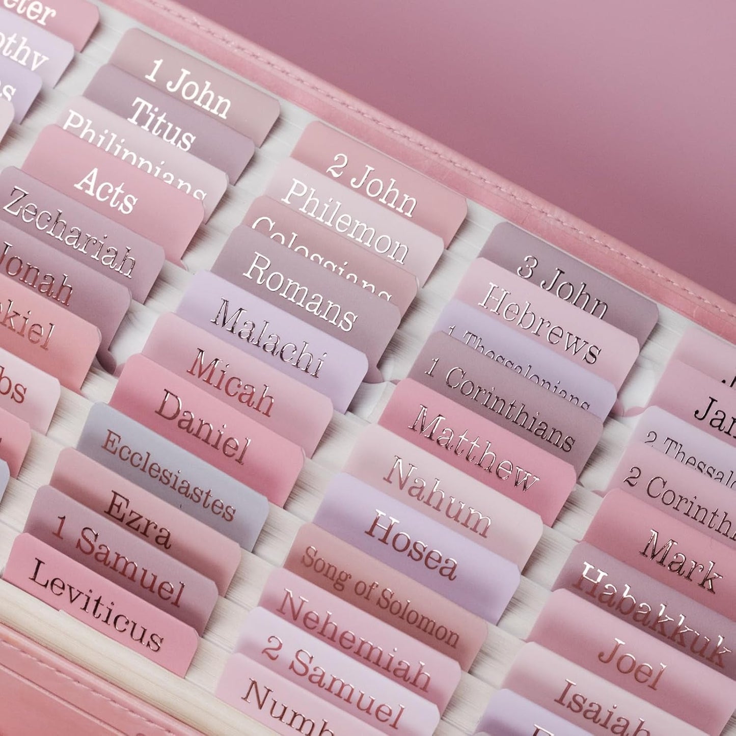 UPAFEXXI-Laminated Bible Tabs (Rose Gold Foil Embossed Lettering), Bible Tabs for Women and Men, Reposition Large Print Stickers, Easy to Read and Apply, 80 Chapters Labels for Easy Navigation(Pink)