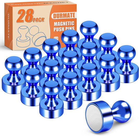 Blue Metal Refrigerator Magnets Strong, Tiny Cute Magnets for Whiteboard, 28 Pack Small Magnetic Push Pins, Magnetic Round Clips Heavy Duty for Kitchen, Office, Crafts, Wall