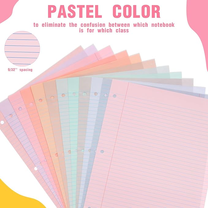 PerKoop 600 Sheets Colored Loose Leaf Paper 8.5" x 11" college ruled Lined 3 Hole Punched notebook Filler Paper for 3 Ring Binders Office School Supplies (Fantasy Color)