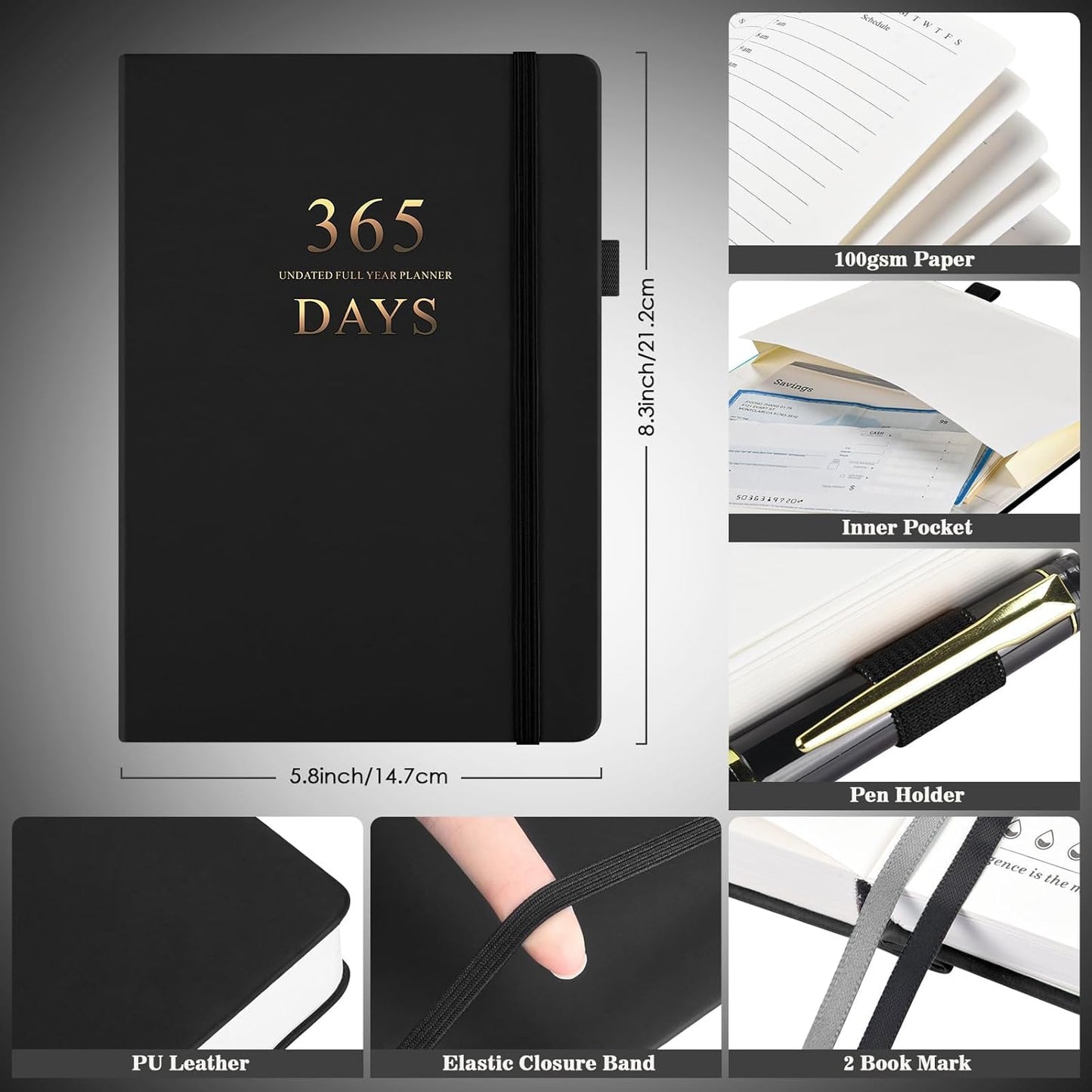 Daily Planner Undated, Planner 2024-2025, 365 Day Planne, Work Planner for Men, Hourly Planner Notebook for Goal Setting, Appointment Planner, Hardcover, Start Anytime, A5, Black