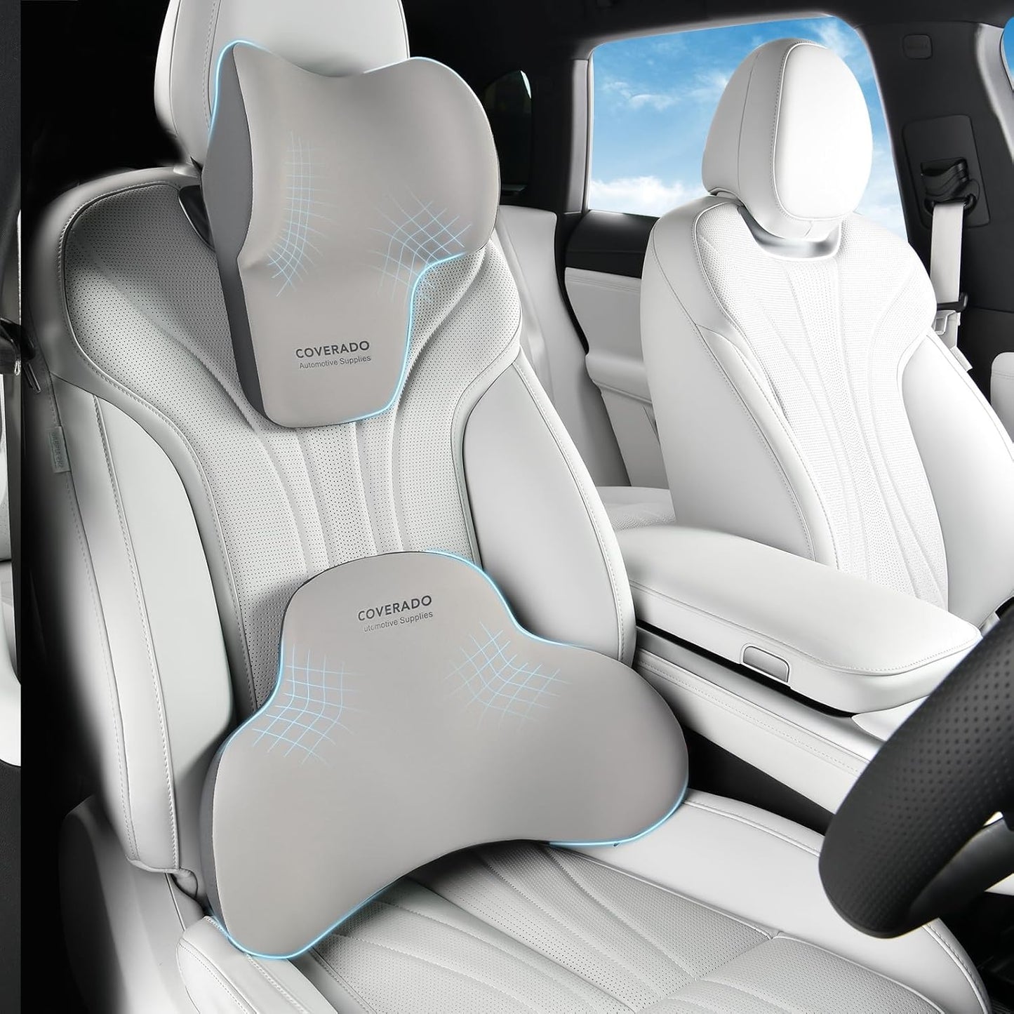 Coverado Lumbar Support and Car Neck Pillow, Ergonomic Memory Foam Desk Chair Cushion and Headrest Pillow for Car Office Chair, Sciatica & Neck & Tailbone Cushion-Black&Gray