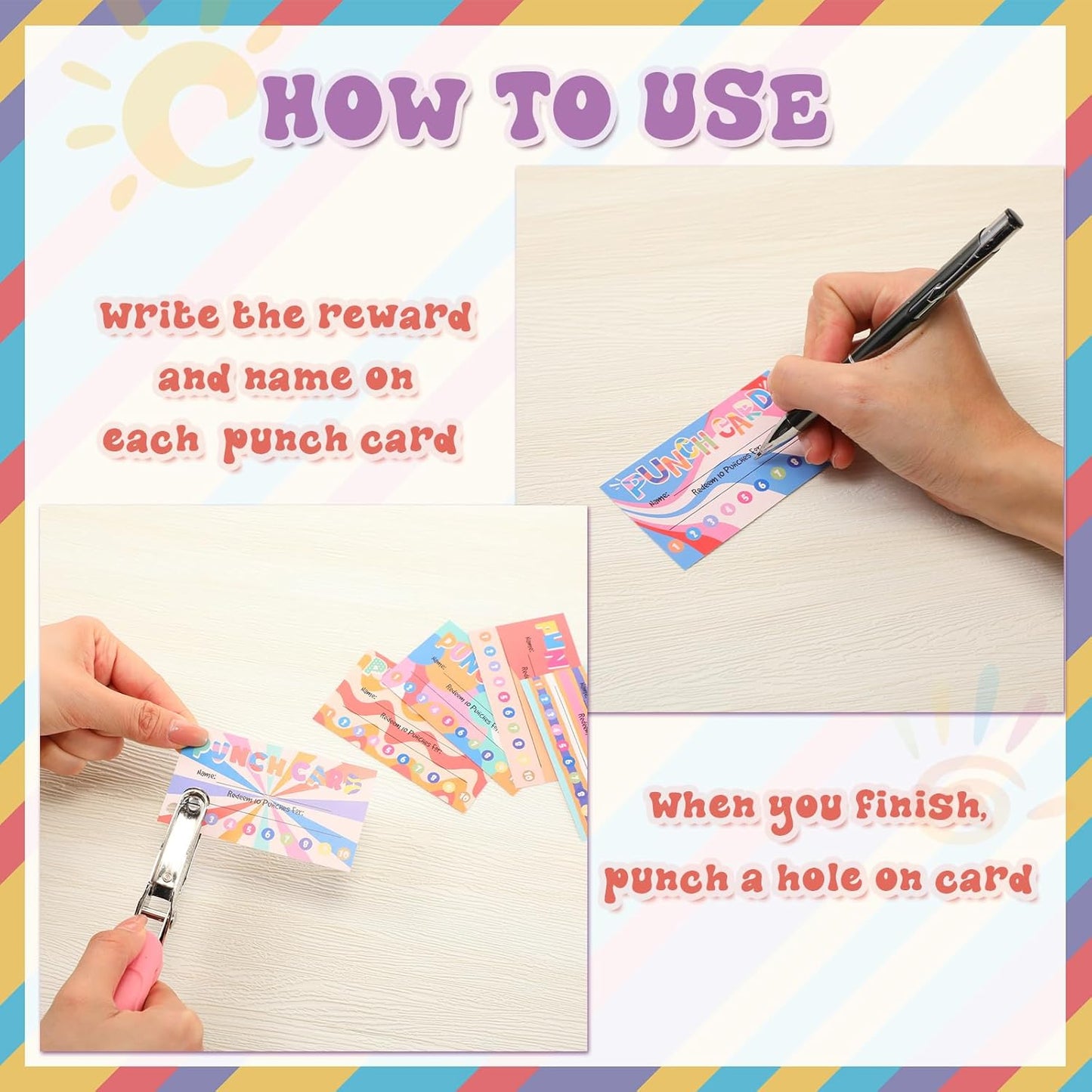 Fumete 400 Pcs Punch Cards for Classroom Reward Cards Behavior Incentive Loyalty Awards for Kids Students Teachers School Business, 8 Styles, 3.5 x 2 in(10 Bright Punches Style)