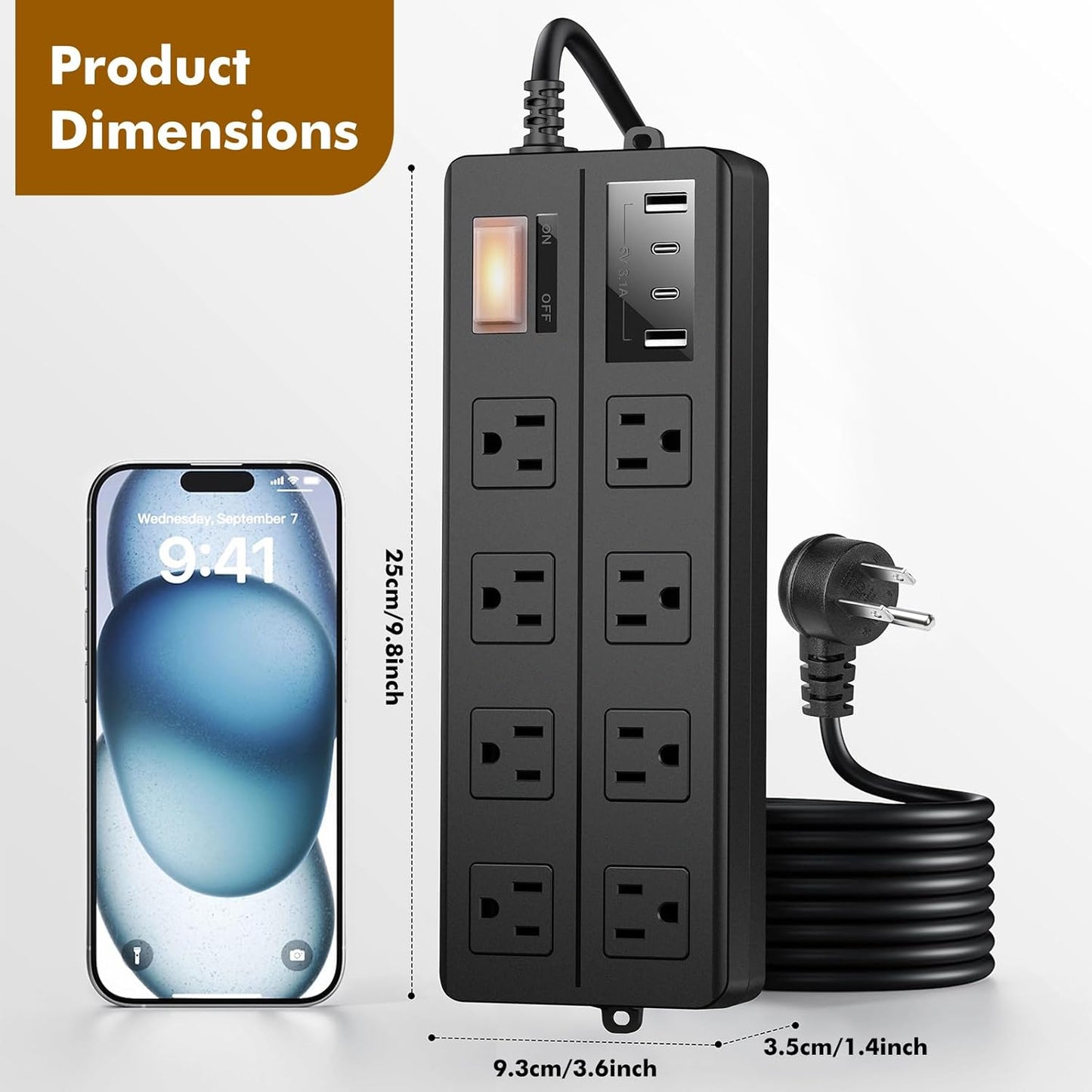 IPX6 Outdoor Power Strip Weatherproof, Waterproof Surge Protector with 8 Wide Outlet with 2A2C USB Ports, 15FT Long Extension Cord, Wall Mountable for Outside Decorations and More UL Listed(Black)