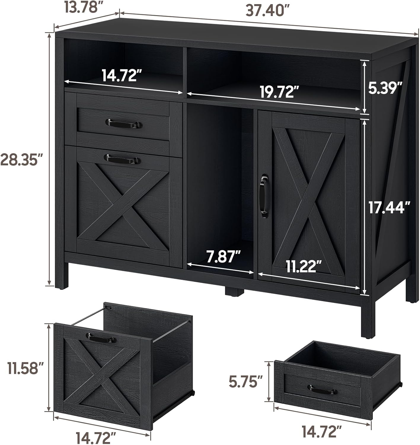 Lateral File Cabinet with 2 Drawers and Door, Farmhouse File Cabinet for A4/Letter Size Hanging Files, Large Wood File Storage Cabinets Printer Stand with Open Space for Home Office Furniture, Black
