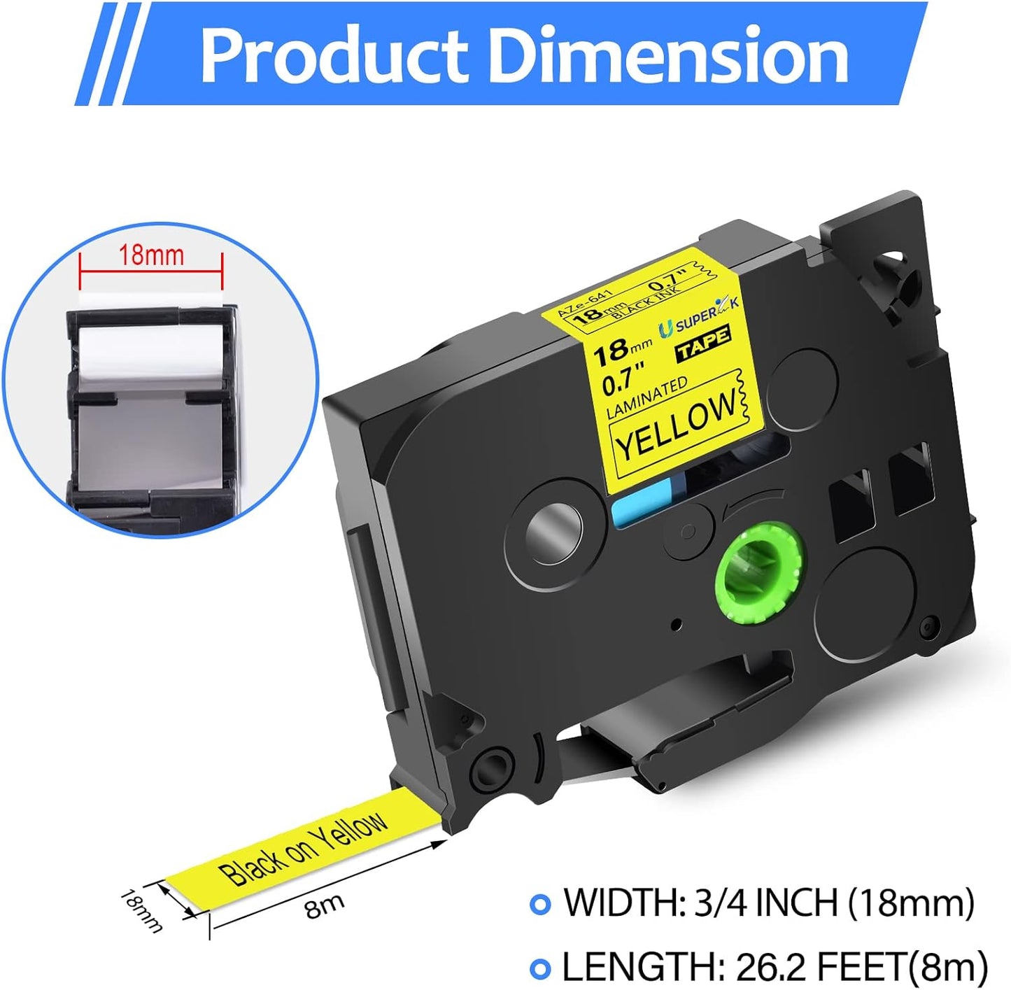 6PK 18mm Yellow Label Tape Compatible for Brother P-Touch Label Maker Tape TZe-641 TZe TZ Label Tape TZ-641 TZe641 18mm 0.7'' Laminated Black on Yellow for PT-D400 D410 D600 D610BT D460BT