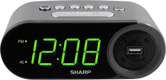 Sharp Digital Easy to Read Alarm Clock with 2 AMP High-Speed USB Charging Power Port - Charge Your Phone, Tablet with a high Speed Charge! Simple, Easy to Use Operation, Black – Green LEDs