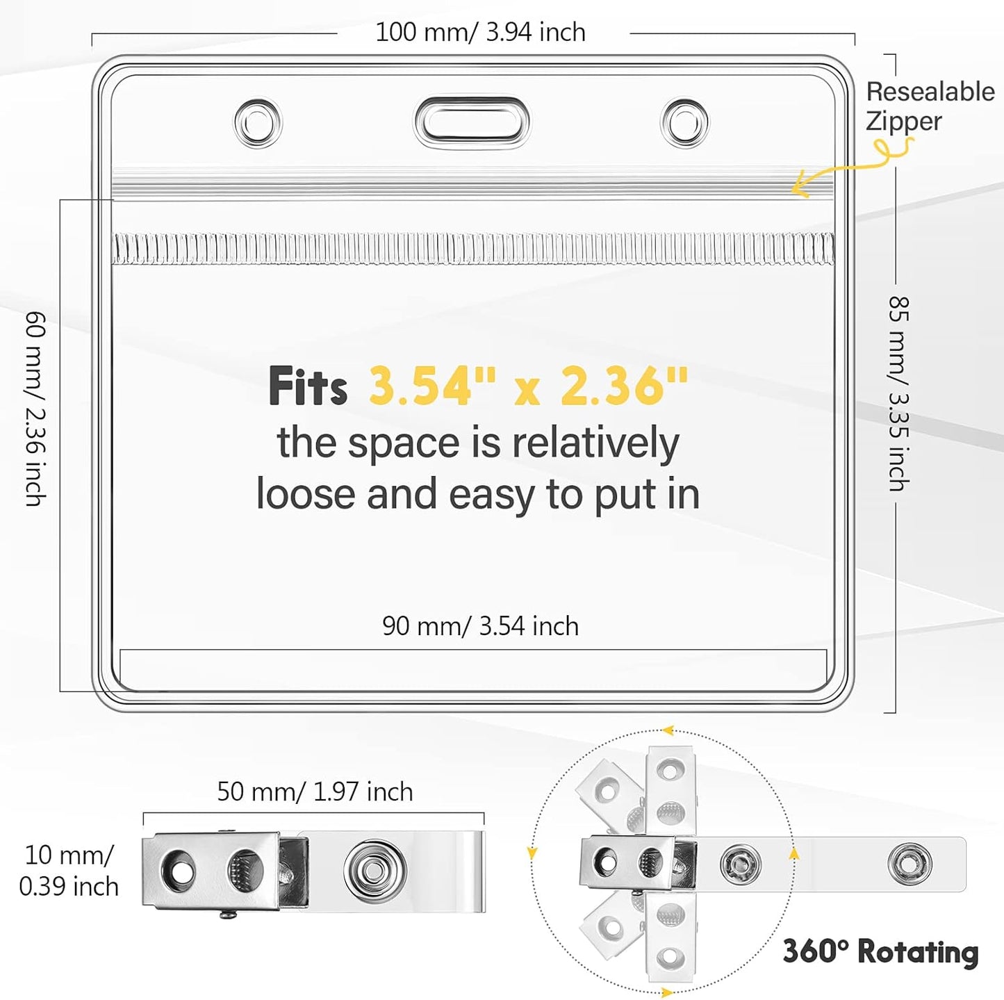 Zonon 150 Sets Name Badge Holders with Clip Clear on Name Tag Waterproof PVC ID Transparent Badge Holder with Resealable Zipper Seal Metal for Teacher Student Worker(Classic Clip)