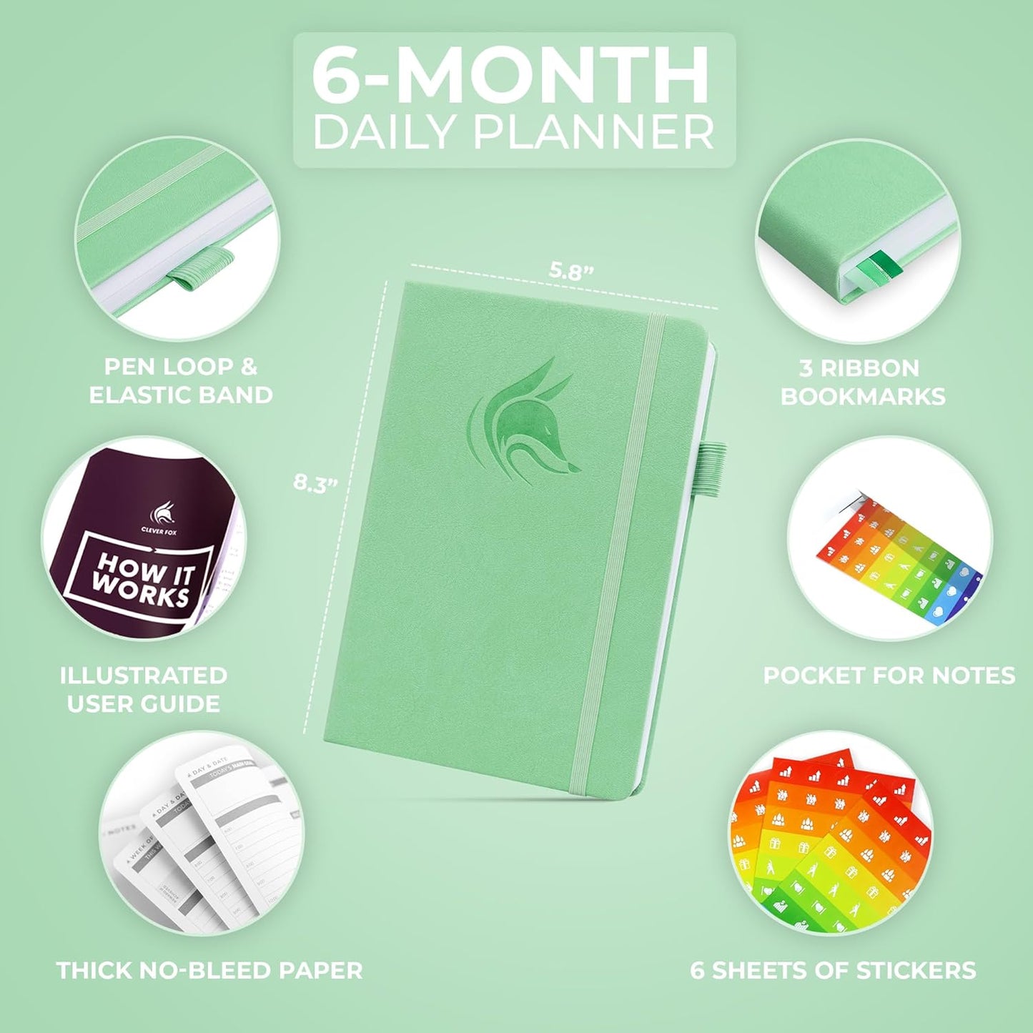 Clever Fox Daily Planner – Undated Planning Notebook with Hourly Schedule & To-Do List – Personal Day Task & Work Organizer, 6 Months (Mint)