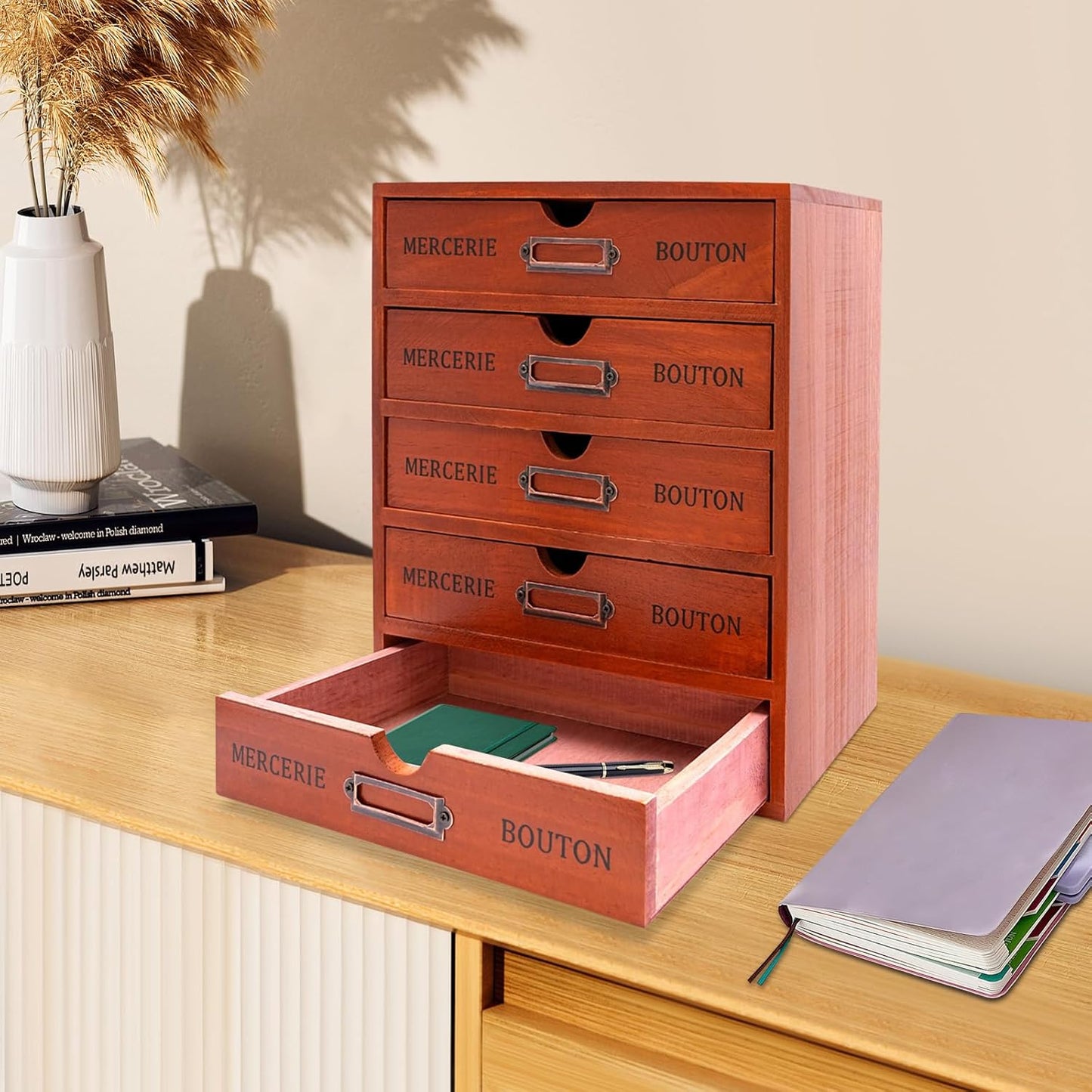 Vintage Drawer Wooden Drawers Organizer, 16-Drawer Desktop Organizer With Drawers, Iron Label Holders, Brown, For Store Cosmetics, Files, Books, Letters, Papers, Magazines (5-Drawer)