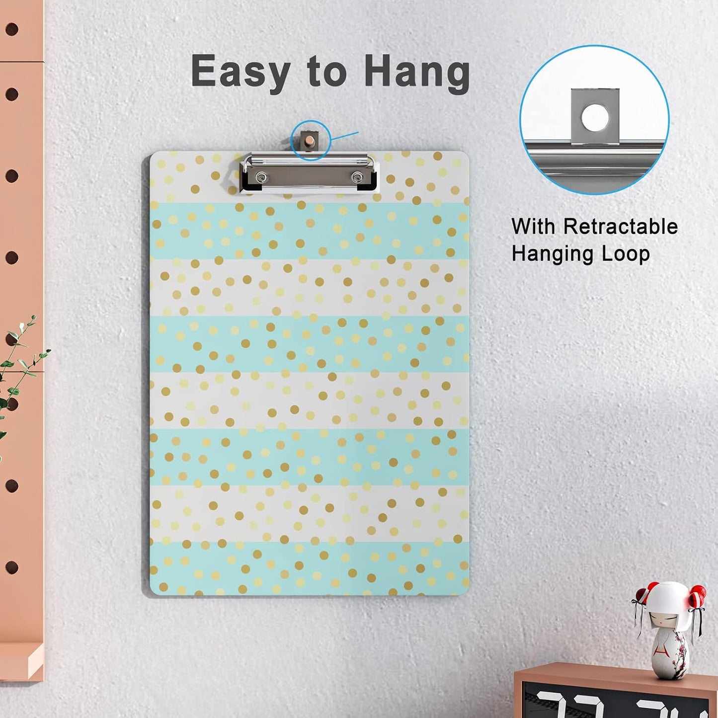Cute Clipboard Wood Design Decorative A4 Letter Size Clipboards for Office, Standard Size 9" x 12.5" with Low Profile Metal Clip - Striped Spots