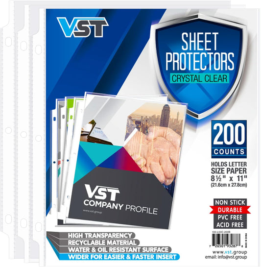 VST Sheet Protectors 8.5 x 11 Inch for 3 Ring Binder, Crystal Clear Page Protectors, Medium Weight Plastic Sleeves, Top Loading Paper Protector Acid Free, Letter Size, Dry Erase Pocket, 200 Sheets