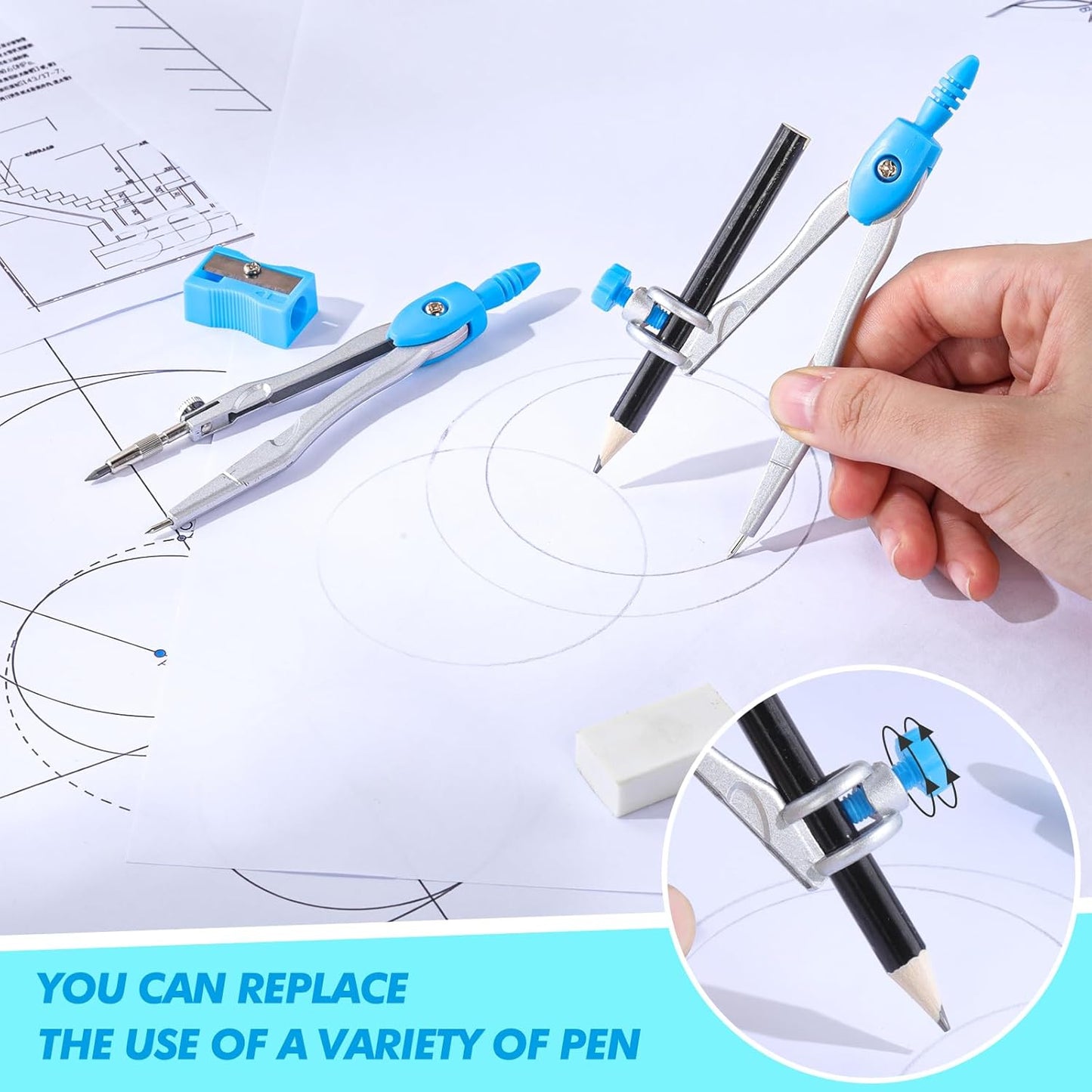 Zonon Math Geometry Set 10 Pcs Student Supplies with Shatterproof Storage Box, Includes Rulers Protractor Compass Pencil Sharpener Lead Refills Eraser Pencil for Drafting and Drawings(Blue)