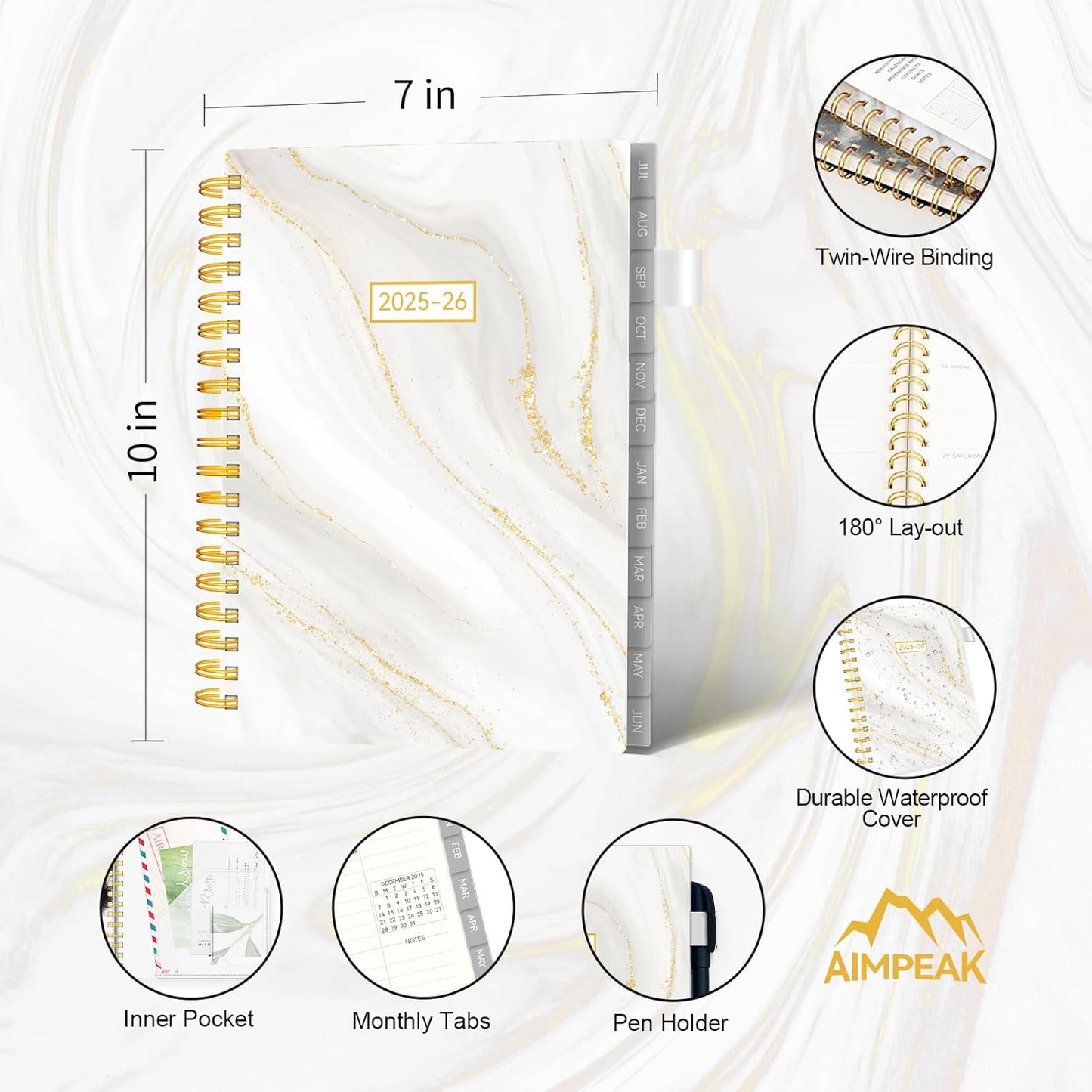Academic Planner 2025-2026, Weekly and Monthly Planners for Women, Jul.2025 - Jun.2026, AIMPEAK Daily Calendar Planner for Teacher & Student, Monthly Tabs, White Marble, 7"x10"