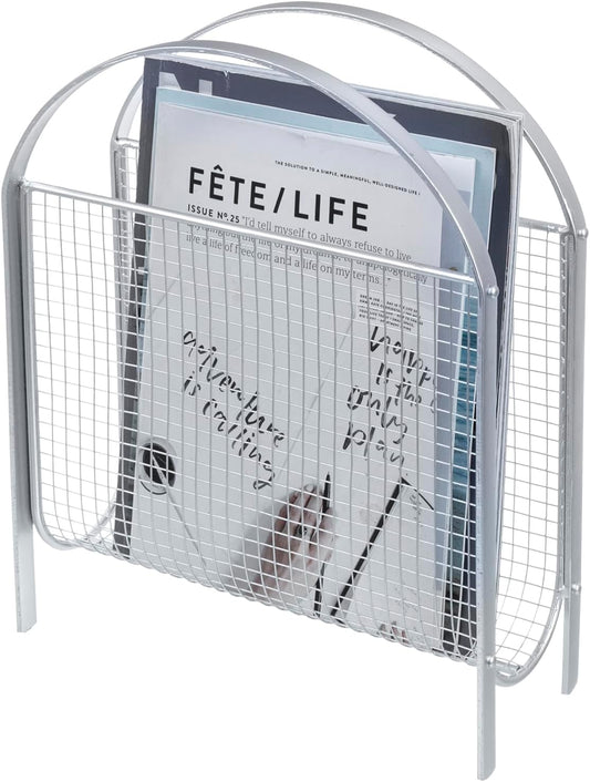 MyGift Mid-Century Design Magazine Rack, Matte Black Tone Metal Mesh Freestanding Magazine Organizer Holder Sling (Silver)