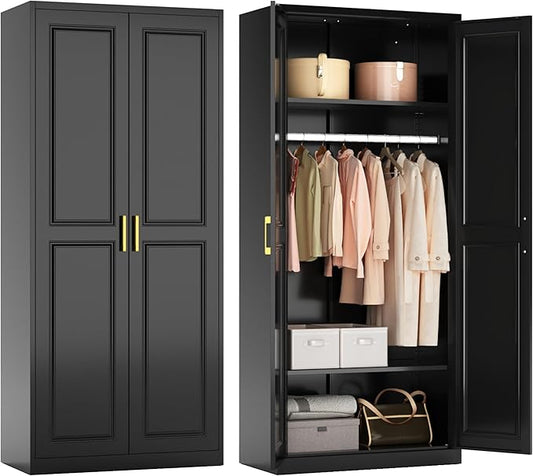 Metal Armoire Wardrobe Closet with Hanging Rod, 71" Tall Wardrobe Cabinet for Clothes, Black Clothing Storage Cabinet with Doors and Shelves, Large Wardrobes for Bedroom-Assemble Required