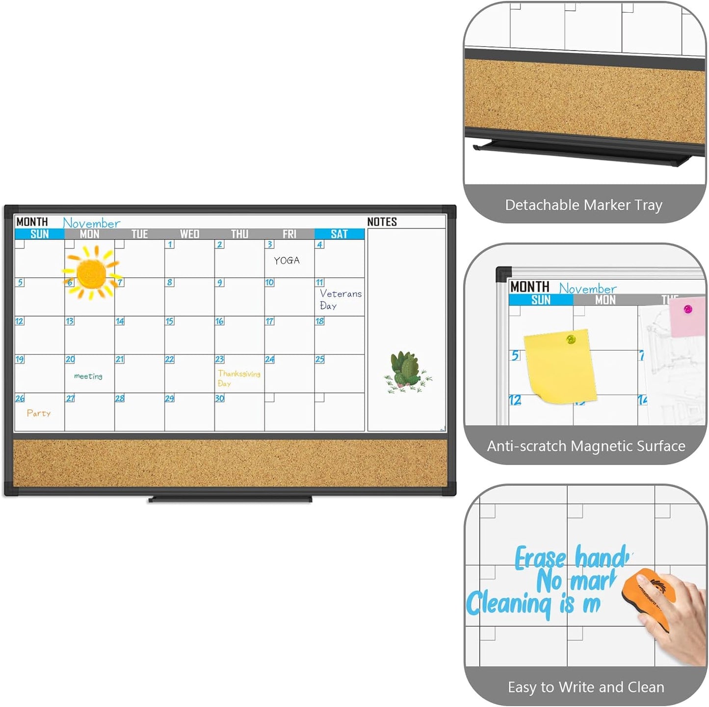 XBoard Dry Erase Calendar Whiteboard 48 X 36 - Combo White Board Calendar Monthly, Magnetic White Board + Corkboard with Black Aluminum Frame, Colorful Push Pins & Marker Tray Included