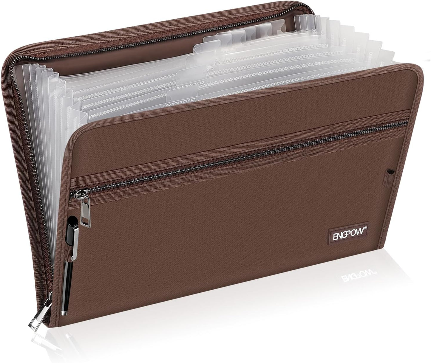 ENGPOW Accordion File Organizer,Fireproof 13 Pockets Expanding File Folder,Document Organizer Folder with Zipper＆Labels,Portable Home Travel Safe Storage for Letter A4 Files and More,Brown