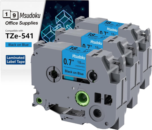 Tze Tz Tape 18mm 0.7 Laminated Blue Compatible for Brother P Touch Label Maker Tape TZe-541 TZe541 Label Tape for PT D400 D600 D610 P710BT, Black on Blue, 3/4 Inch x 26.2 Feet, 3-Pack