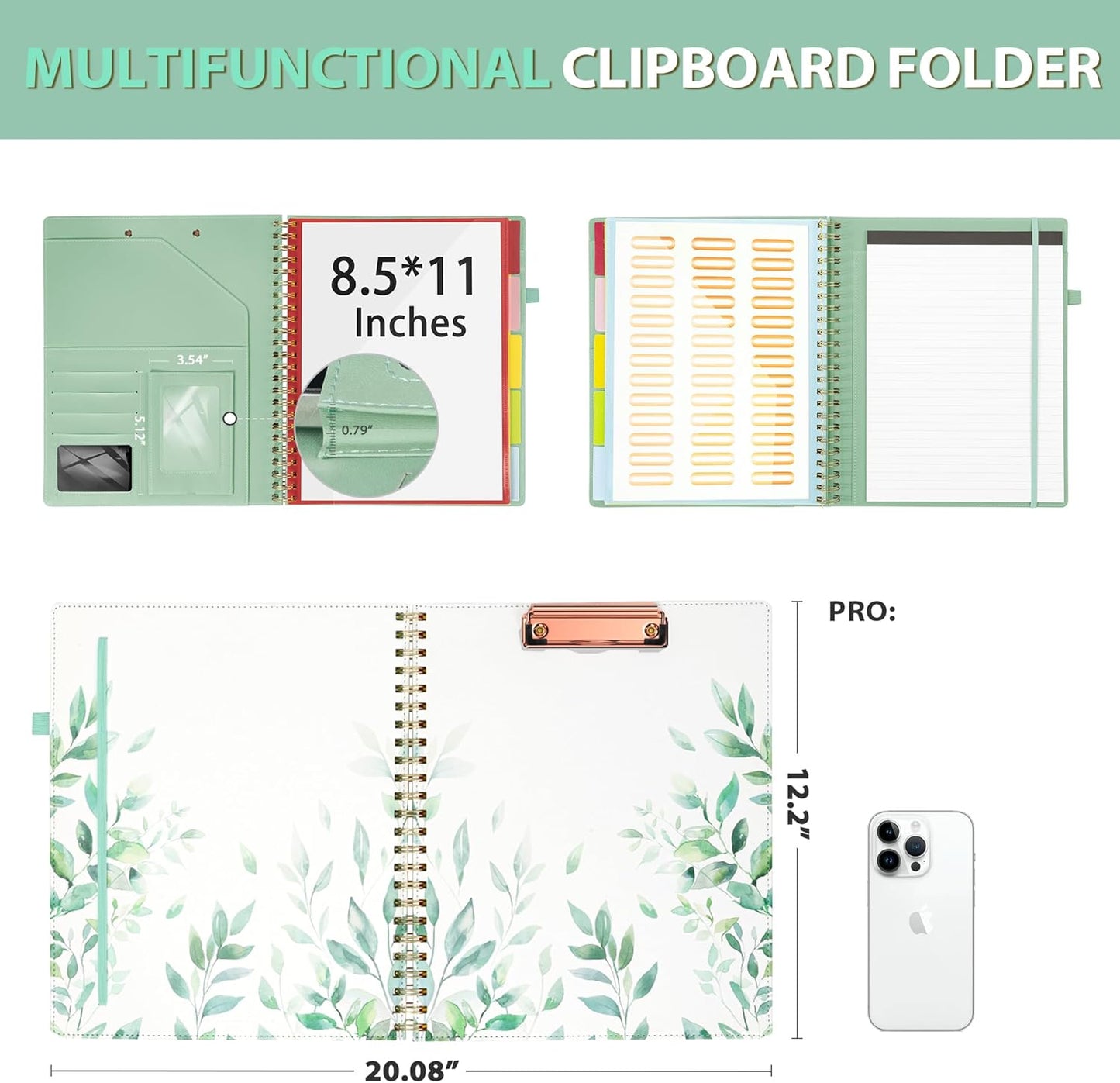 Clipboard with Storage for Men Women, Leather Padfolio Portfolio Organizer 5 Folders with 10 Pockets, Spiral Clipboard Folio with Notepad for Letter Size, Elastic Closure and Pen Loop Green Plants