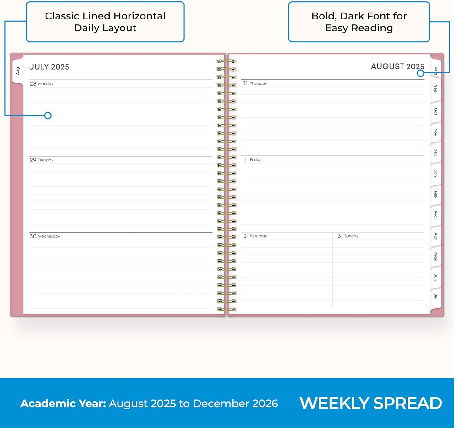 Blue Sky 17 Month 2025-2026 Weekly and Monthly Academic Year Planner Calendar, August 2025 - December 2026, 8.5" x 11", Flexible Cover, Wirebound, Laminated Tabs, Dusty Rose