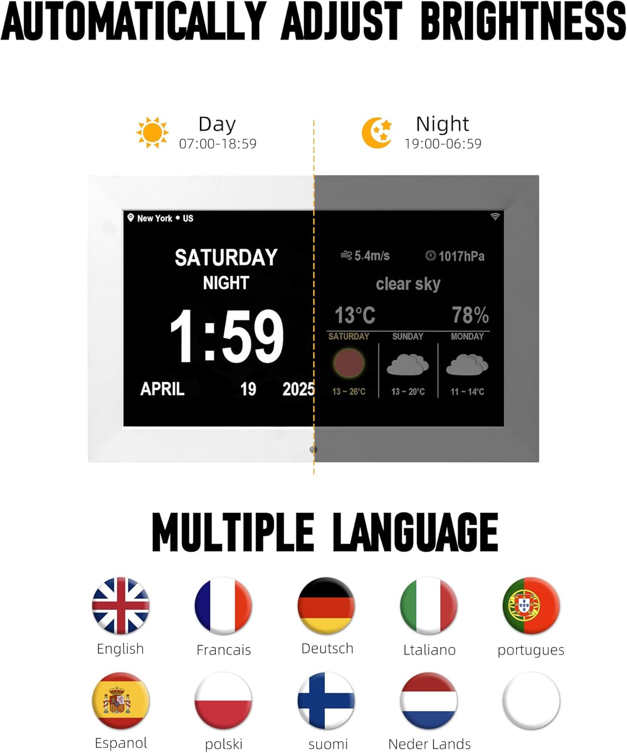 WiFi Digtial Wall Clock,Desk Clock with Weather Temperature Humidify,10 Day Weather Forecast,Weather Station with Digital Calendar and Dementia Alarm Clocks for Seniors. (White, 10.1 inches)