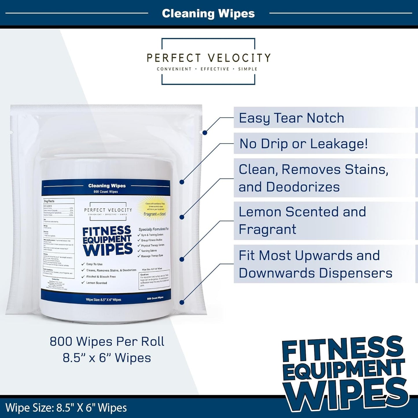 Fitness Gym Equipment Wipes - 4 Rolls of 800 Pre-Moistened Cleaning Refill Wet Wipes - For Upwards and Downwards Dispensers