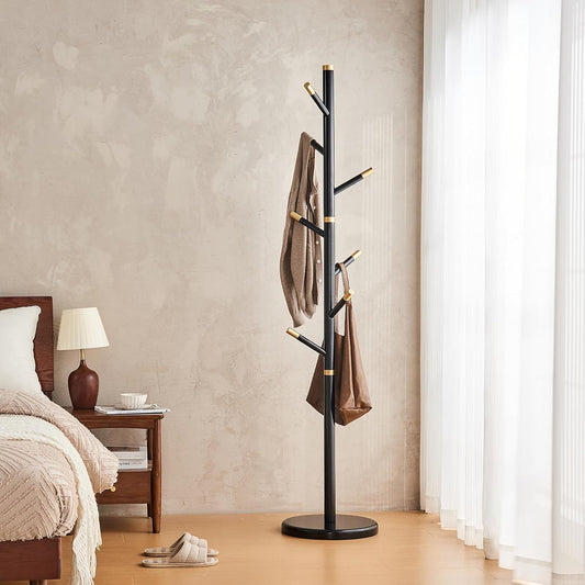 Uniclinens Coat Rack Freestanding Solid Wood Coat Tree Standing with 7 Hooks, Coat Rack Stand Creative Tree Branch-look (Black)