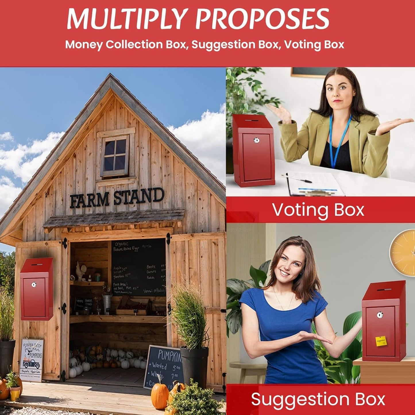 Metal Donation Box-Suggestion Box with Slot and lock-Cash Lock box for Money-Drop Box-outdoor waterproof mailbox and ballot box-comes with pre-drilled holes for easy wall mounting 10 X 6 X 2.5"(Red)