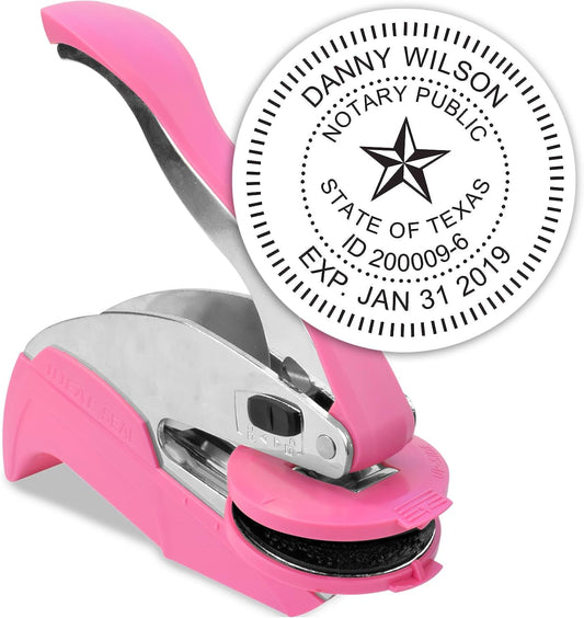 MaxMark Notary Seal Round Pink Embosser for Texas State - Includes Gold Burst Seal Labels (50 Count)