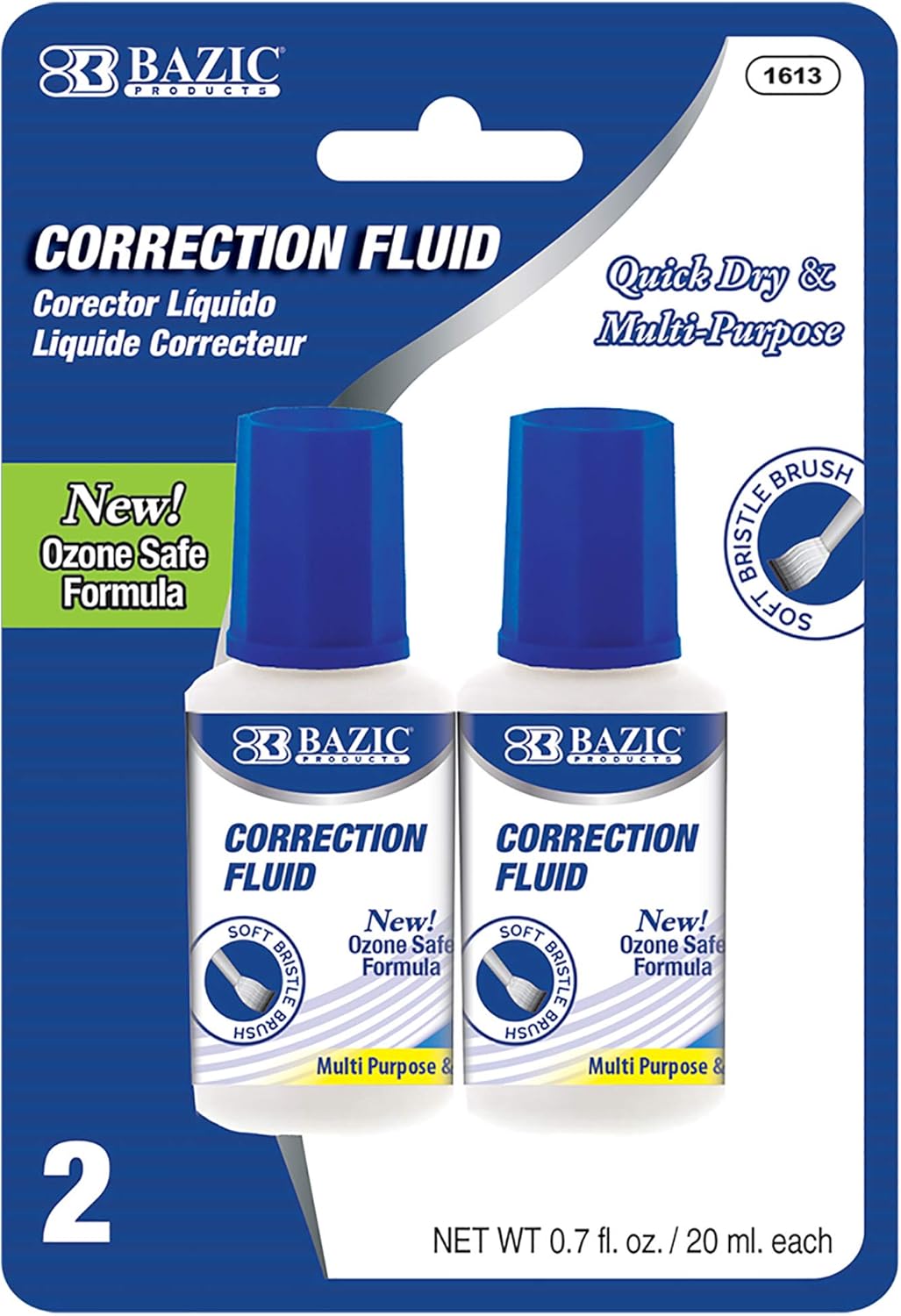 BAZIC Correction Fluid (0.7 oz / 20 ml), Soft Bristle Brush Applicator, Instant Corrections Pen White Out Wipe Out Liquid (2/Pack), 1-Pack