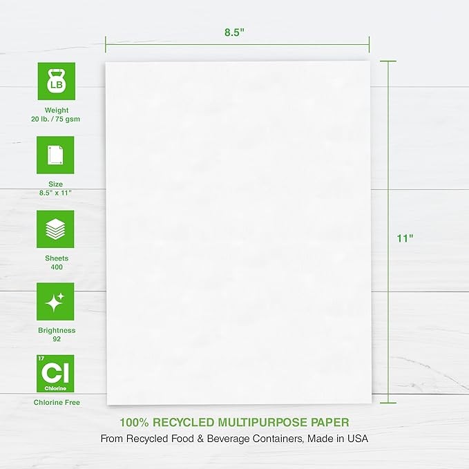 PrintWorks 100% Recycled Printer Paper 8.5" x 11" White - 20 lb Copy & Multipurpose Computer Paper - 8 Packs, 3200 Sheets - Made in the USA - 92 Bright - Printer & Copier Compatible (00018-8)