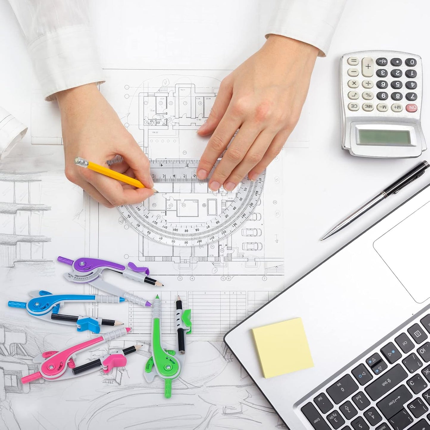 Seajan 36 Sets Compass and Protractor Set Geometry Compass with Pencil 6 Inch Drawing Tool Protractor for Geometry Bulk for Office Drafting Drawing