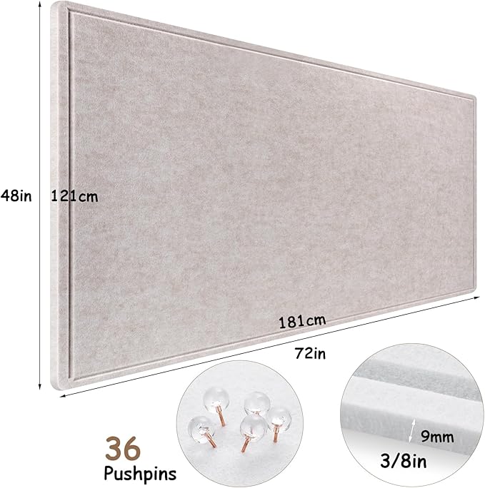 Large Bulletin Board, Foldable 72x48 Inches Cork Board Alternative, Large Felt Board Decorative Pin Board for Wall, Foldable Photo Board Self-Adhesive Vision Board with 36 Pushpins Light Khaki