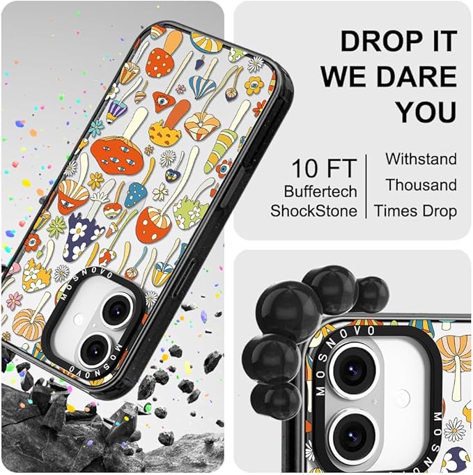 MOSNOVO Case for iPhone 16 Plus, [10ft 4X Military-Grade Drop Protection] Durable & Shockproof Phone Case Cover Design for iPhone 16 Plus - Mushroom Art - Clear Black