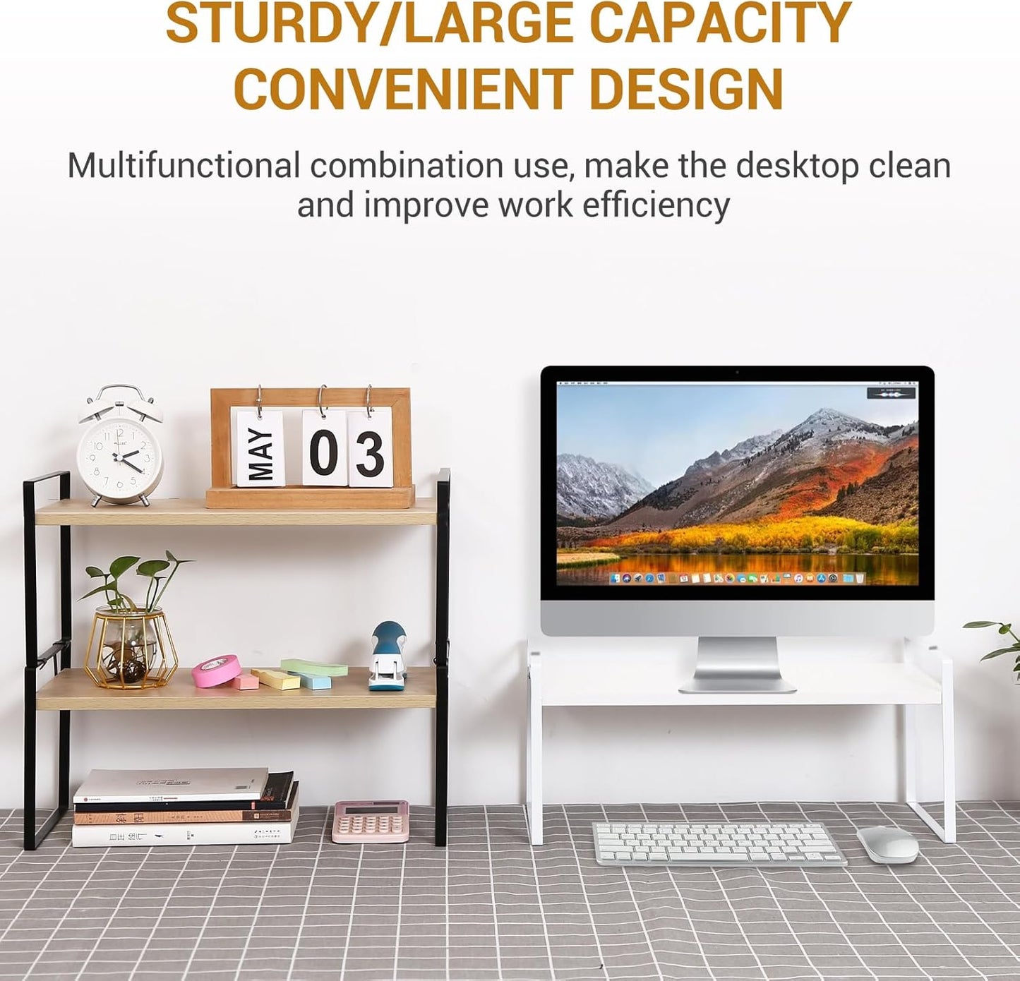 YGYQZ Wood Office Desk Shelf Organizer - Desktop Supplies Cute Dresser Top Organization Storage Rack and Cubicle Decor Aesthetic Bookshelf for Women Man and Kids(White-Single Tier)