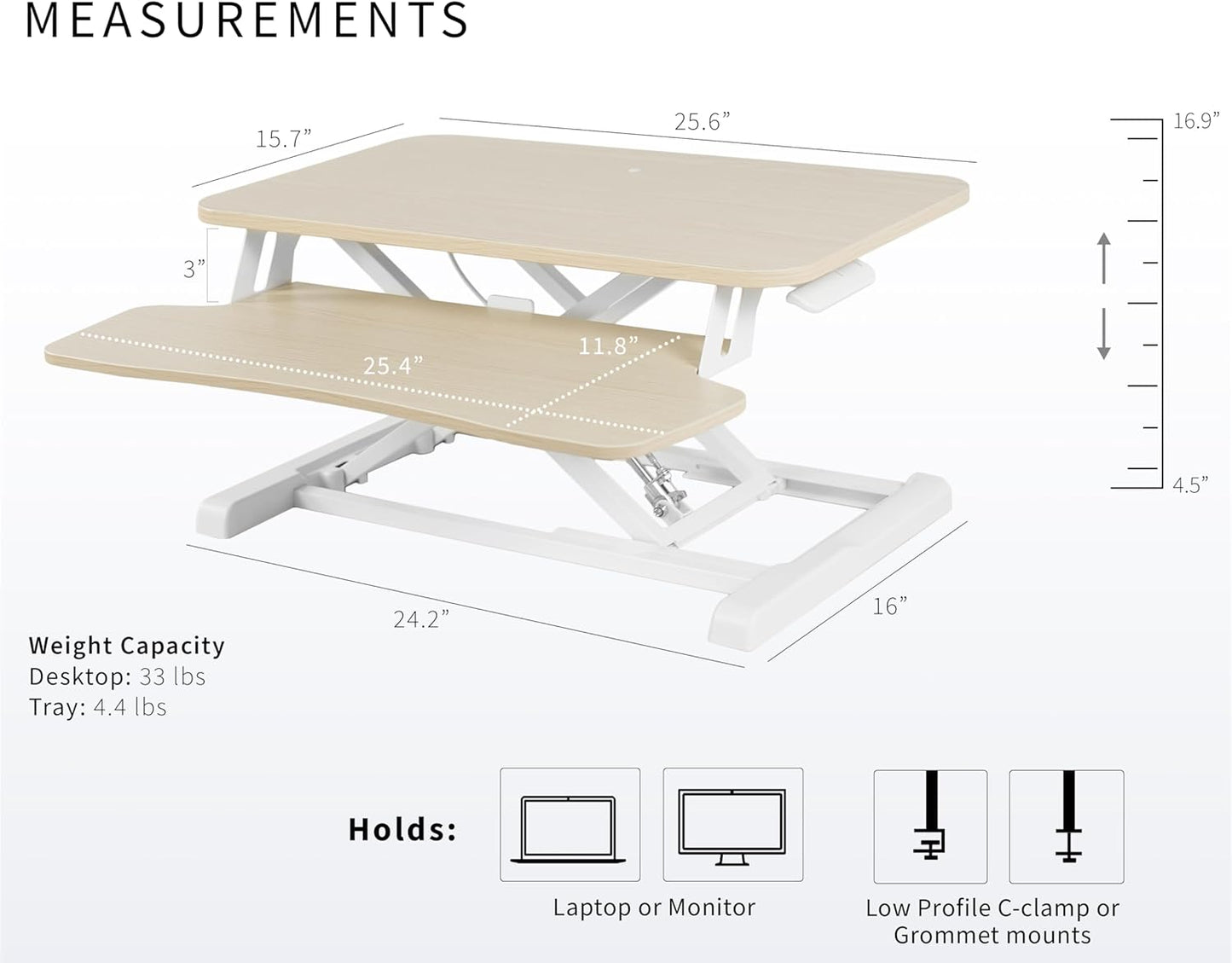 VIVO 26 inch Desk Converter, K Series, Height Adjustable Sit to Stand Riser, Dual Monitor and Laptop Workstation with Keyboard Tray, Light Wood Top, White Frame, DESK-V026KF