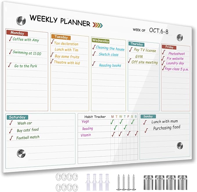 Glass Colorful Weekly Dry Erase Calendar Whiteboard for Wall,12"x 16",Frameless Mounting,Office/School/Home, Frameless Planner White Board