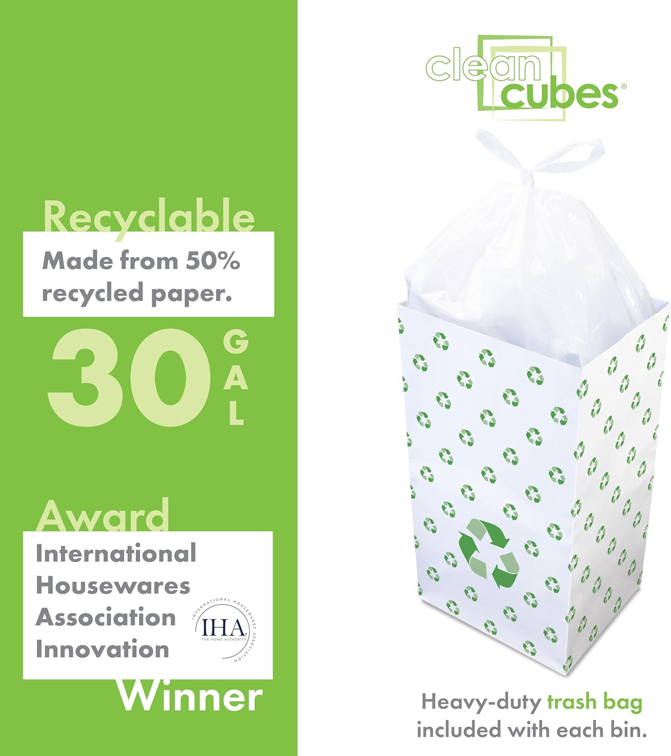 | 30 Gallon Disposable Trash Cans (3-Pack) with Fitted Trash Bags - Reusable Garbage and Recycling Bins for Parties, Events, and More (Recycle - 30” Height x 17” Width x 14” Depth)