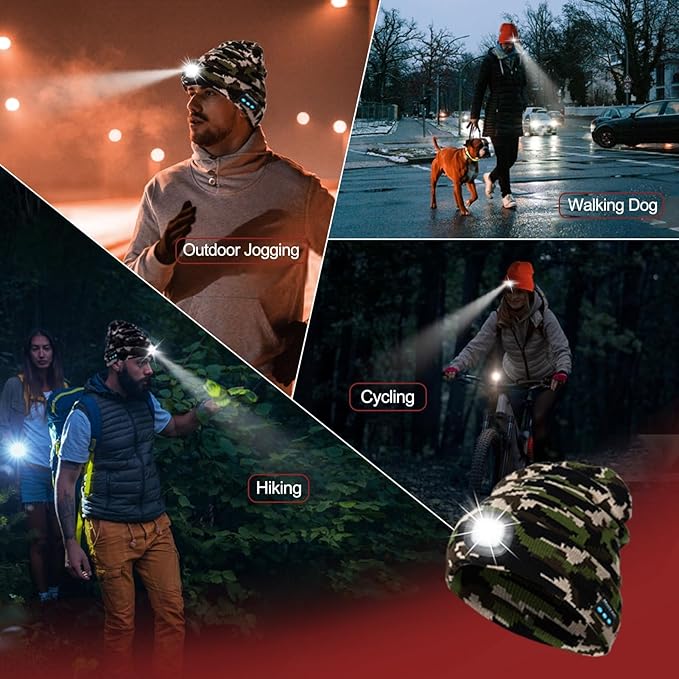 Gifts for Men, Rechargeable Bluetooth Music Unisex Beanie Hat with Light, Stocking Stuffers for Women, Birthday Gifts for Men, for Him, Camouflage